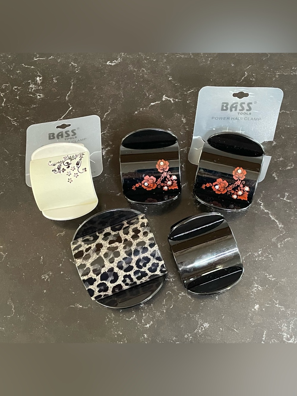 Bass Black Hair Clamps with Red Floral, Cream Floral & Leopard Pattern - 5 Pack